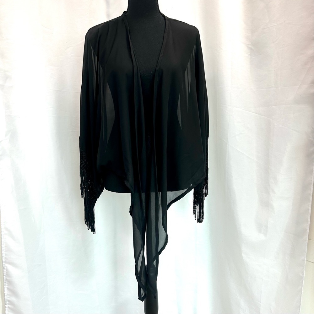 Simply IRRESISTIBLE black tassel tie front chiffon kimono blouse coverup Sz S/M